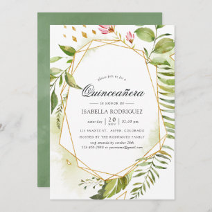 Invitation Aquarelle Géométrique Cristal Verdure Quinceañera