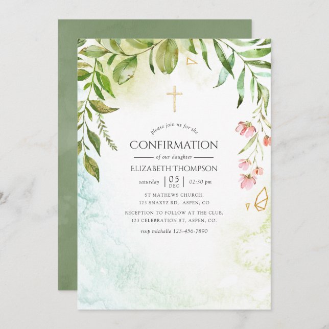 Invitation Aquarelle Géométrique Cristal Vert Confirmation (Devant / Derrière)