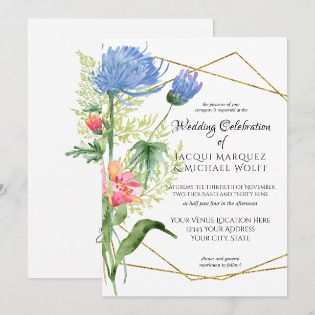 Invitation Aquarelle géométrique Floral moderne Mariage bleu (Devant / Derrière)