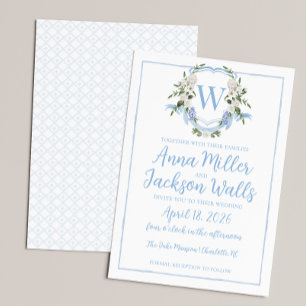 Invitation Aquarelle Ginger Jar Monogram Crest, Bleu Blanc