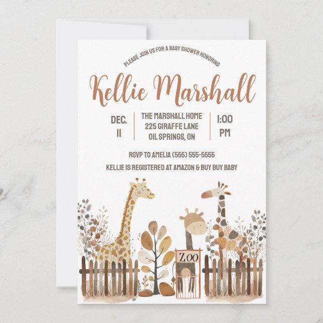 Invitation Aquarelle Giraffe Famille, Zoo, Baby shower (Devant)