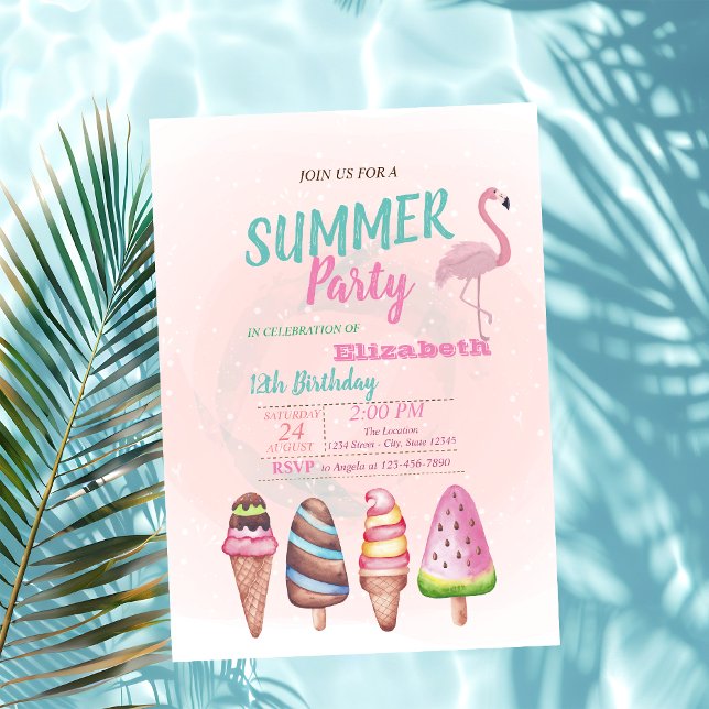 Invitation Aquarelle Glace, Flamants roses Anniversaire Fête (Créateur téléchargé)