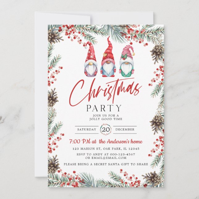 Invitation Aquarelle Gnome Holly Berry Noël Party (Devant)