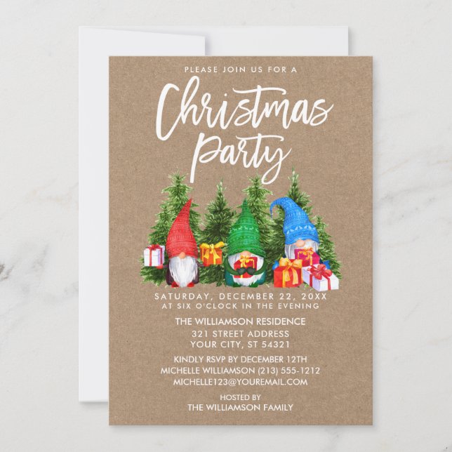 Invitation Aquarelle Gnomes fête de Noël Kraft (Devant)