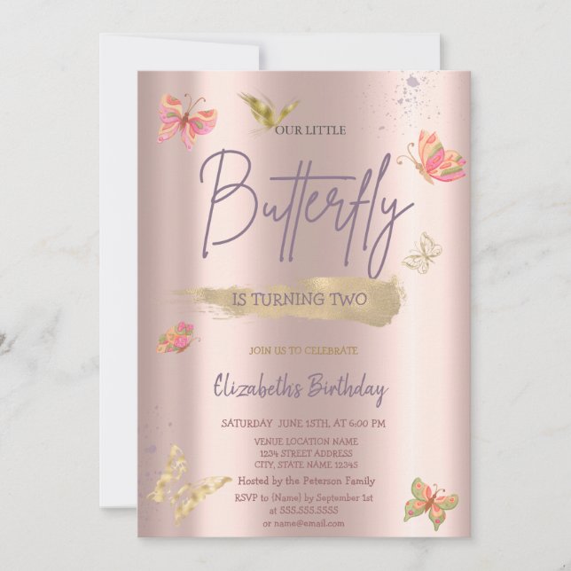 Invitation Aquarelle Gold Butterflies Rose Or Anniversaire (Devant)