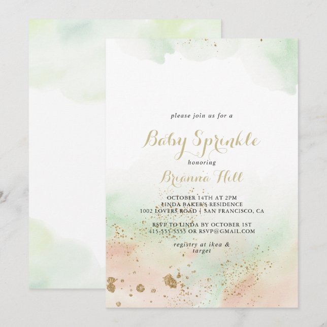 Invitation Aquarelle Gold Confetti Baby Sprinkle (Devant / Derrière)