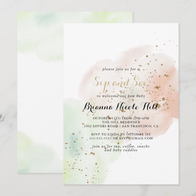 Invitation Aquarelle Gold Confetti Sip et voir (Devant / Derrière)