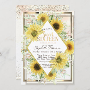 Invitation Aquarelle Gold Frame Sunflowers Sweet 16