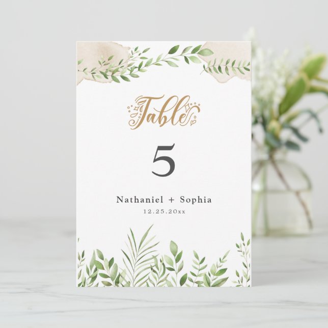 Invitation Aquarelle Gold Greenery 5x7" Numéro de tableau (Debout devant)