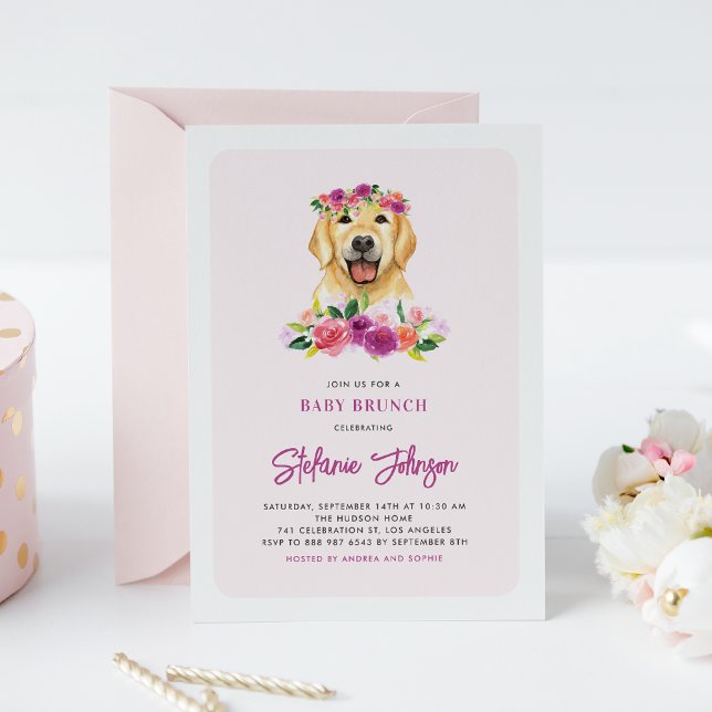 Invitation Aquarelle Golden Retriever Floral Baby Brunch (Créateur téléchargé)