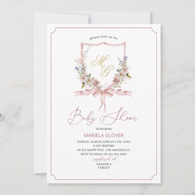 Invitation Aquarelle Golden Rose fleurs crêtes bébé Showe (Devant)