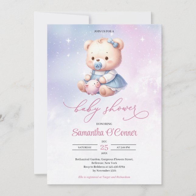 Invitation Aquarelle gracieuse ours rose pastel pourpre (Devant)
