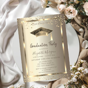 Invitation Aquarelle Grad Casquette Gold Stars Champagne