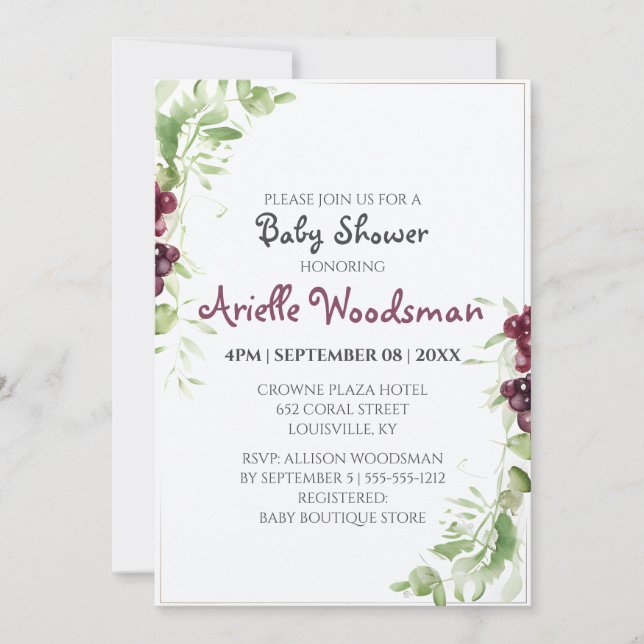 Invitation Aquarelle Grape Baby shower peinture minimaliste (Devant)