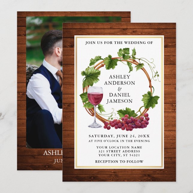 Invitation Aquarelle Grappe Vins Bois Wreath Photo Mariage (Devant / Derrière)