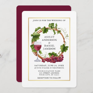 Invitation Aquarelle Grappe Vins Wreath Gold Frame Mariage