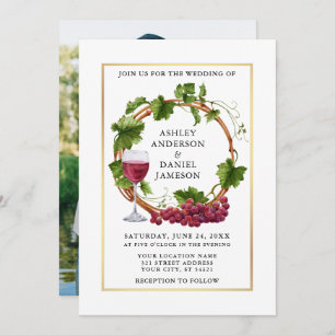 Invitation Aquarelle Grappe Vins Wreath Photo Gold Mariage