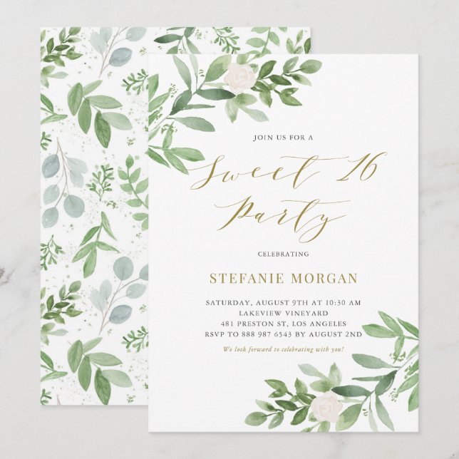 Invitation Aquarelle Greeney et Sweet sixteen de fleurs blanc (Devant / Derrière)