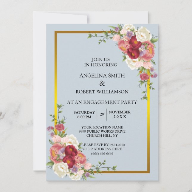Invitation Aquarelle Gris Doré Blush Pêche Mariage (Devant)