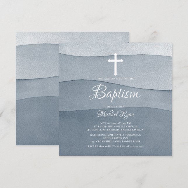 Invitation Aquarelle gris garçons Baptême (Devant / Derrière)