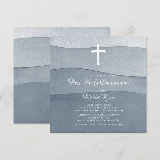 Invitation Aquarelle gris garçons Première Communion sainte (Devant / Derrière)