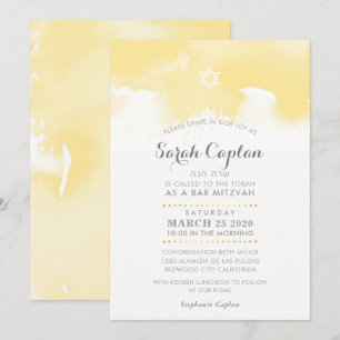 Invitation Aquarelle gris pâle jaune BAT MITZVAH