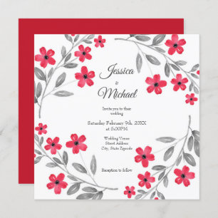 Invitation Aquarelle gris rouge Fleur Wreath