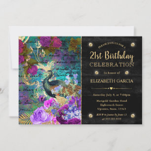 Invitation Aquarelle Grunge Paon et Fleurs Anniversaire