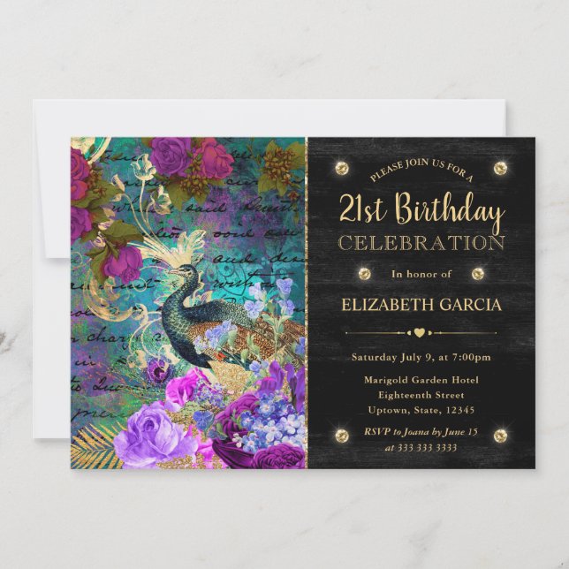 Invitation Aquarelle Grunge Peacock et Fleurs Anniversaire (Devant)