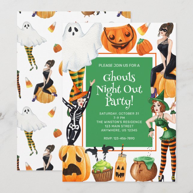 Invitation Aquarelle Halloween Fashion Filles Sorcières (Devant / Derrière)