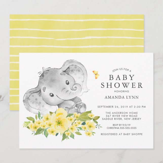 Invitation Aquarelle Happy Elephant Baby shower neutre (Devant / Derrière)
