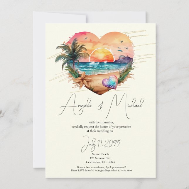 Invitation Aquarelle Hawaii Beach Sunset Heart Mariage (Devant)