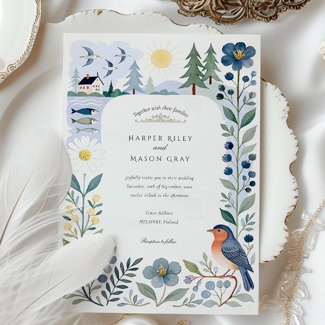 Invitation Aquarelle Helsinki Forêt nordique et Mariage d'ois (Créateur téléchargé)