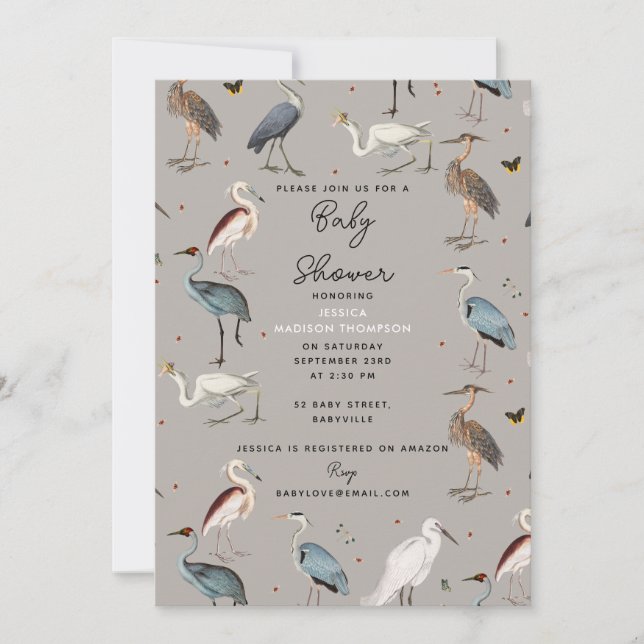 Invitation Aquarelle Heron Bird Egret Nature Baby shower (Devant)