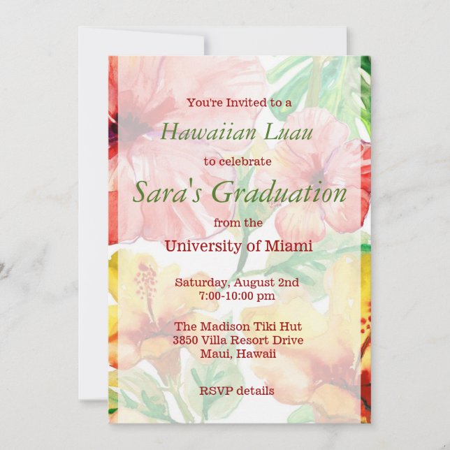 Invitation Aquarelle Hibiscus Fleurs Hawaiian Luau Sweet 16 (Devant)