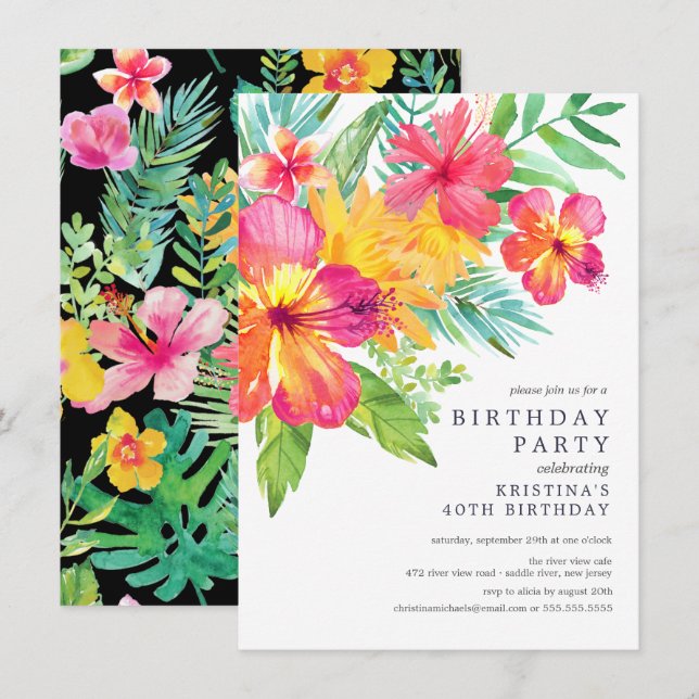 Invitation Aquarelle Hibiscus Floral Tropical Anniversaire (Devant / Derrière)