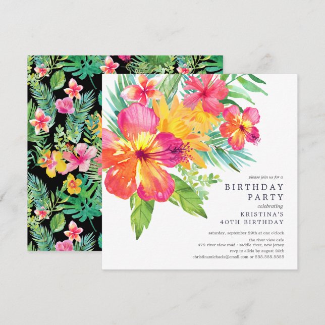 Invitation Aquarelle Hibiscus Floral Tropical Anniversaire (Devant / Derrière)