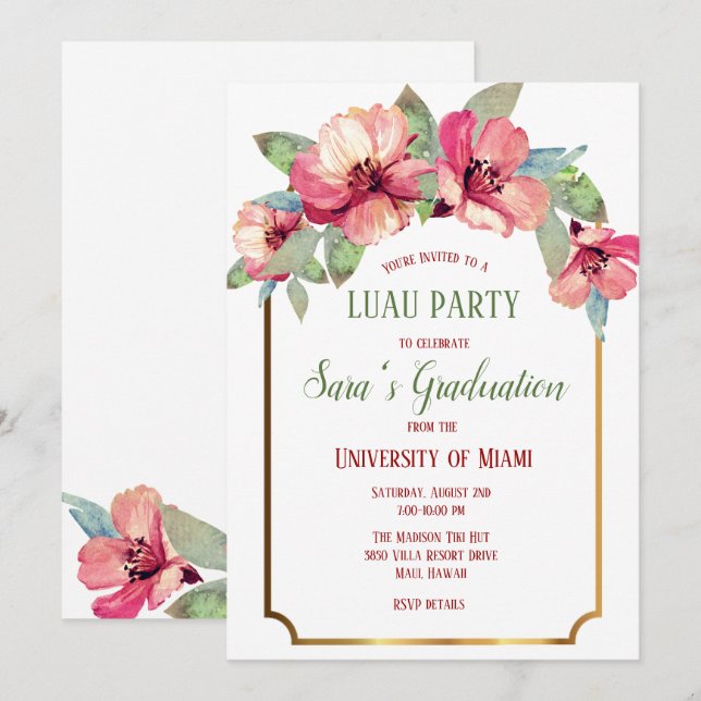 Invitation Aquarelle Hibiscus Gold Luau (Devant / Derrière)
