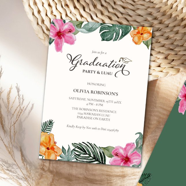 Invitation Aquarelle Hibiscus Tropical Graduation Photo (Créateur téléchargé)