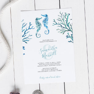 Invitation aquarelle Hippocampe Bleu Turquoise Déc