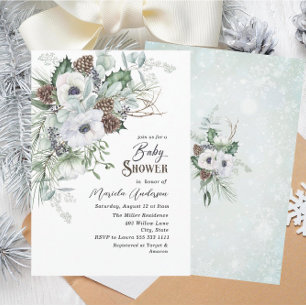 Invitation Aquarelle Hiver Anémones Baby shower Fleurs