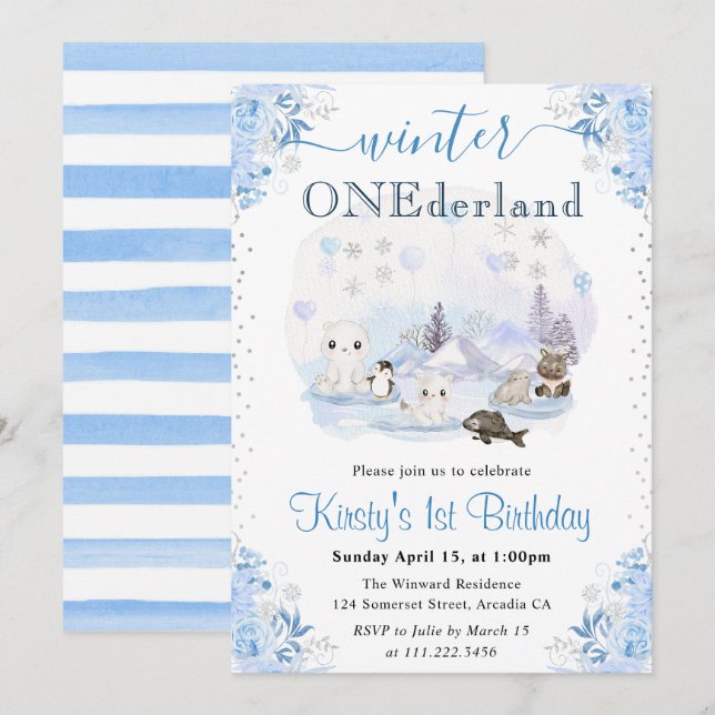 Invitation Aquarelle Hiver Animaux arctiques 1er anniversaire (Devant / Derrière)
