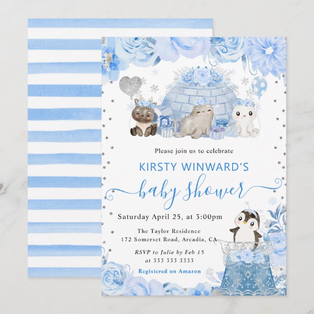 Invitation Aquarelle Hiver Baby shower des animaux de l'Arcti (Devant / Derrière)