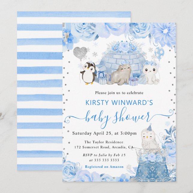 Invitation Aquarelle Hiver Baby shower des animaux de l'Arcti (Devant / Derrière)