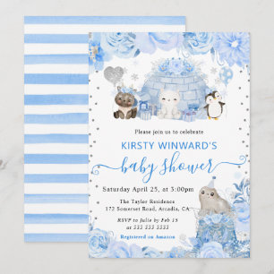 Invitation Aquarelle Hiver Baby shower des animaux de l'Arcti