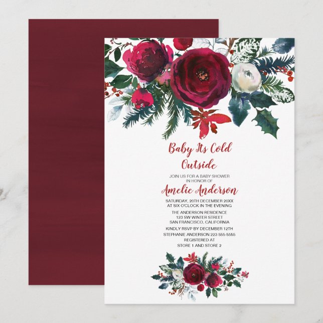 Invitation Aquarelle Hiver Bourgogne Baby shower Fleurs (Devant / Derrière)