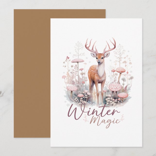 Invitation Aquarelle Hiver Magique Cerf (Devant / Derrière)