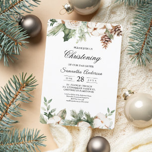 Invitation Aquarelle Hiver Pin vert Arbre et Fleurs blanches