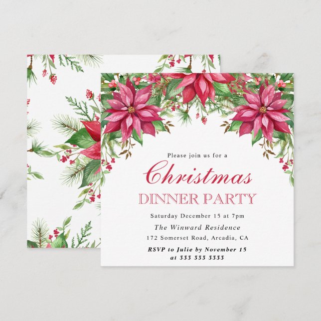 Invitation Aquarelle hiver Rouge Poinsettie Noël (Devant / Derrière)