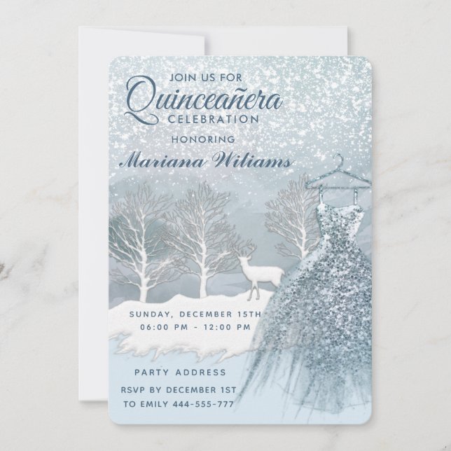 Invitation Aquarelle hiver scène bleu robe Quinceañera Inv (Devant)